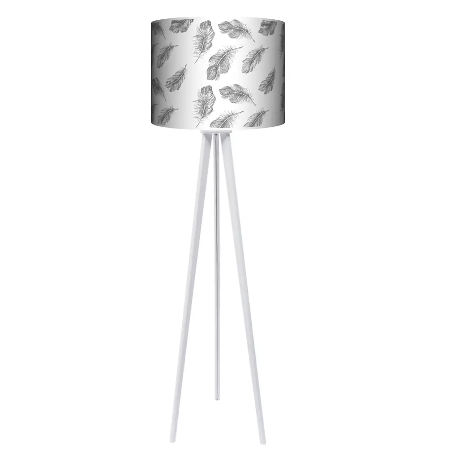 Lampa podłogowa - trójnóg drewniana duża -Boho szare piórka- kolor podstawy do wyboru FL - czarny