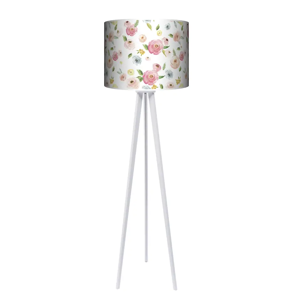 Lampa podłogowa - trójnóg drewniana duża - Pastelowe Kwiaty - kolor podstawy do wyboru FL - buk