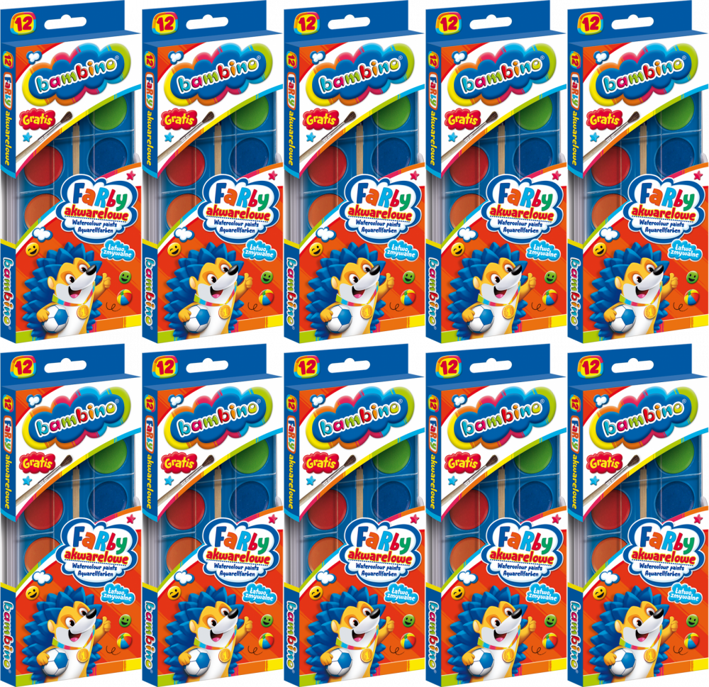 10x Farby akwarelowe Bambino Zwierzaki Uczniaki, 12 sztuk, mix kolorów