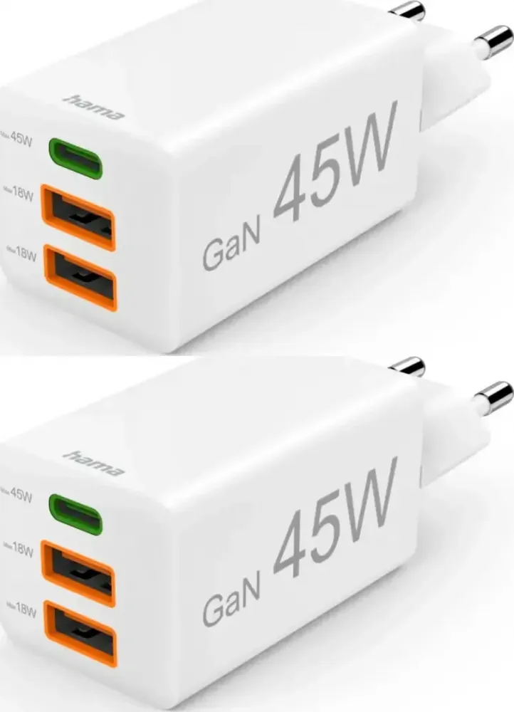 2x Ładowarka do telefonu Hama Mini, Power Delivery Quick Charge, GaN, USB-C/2 x USB-A, 45W, biały