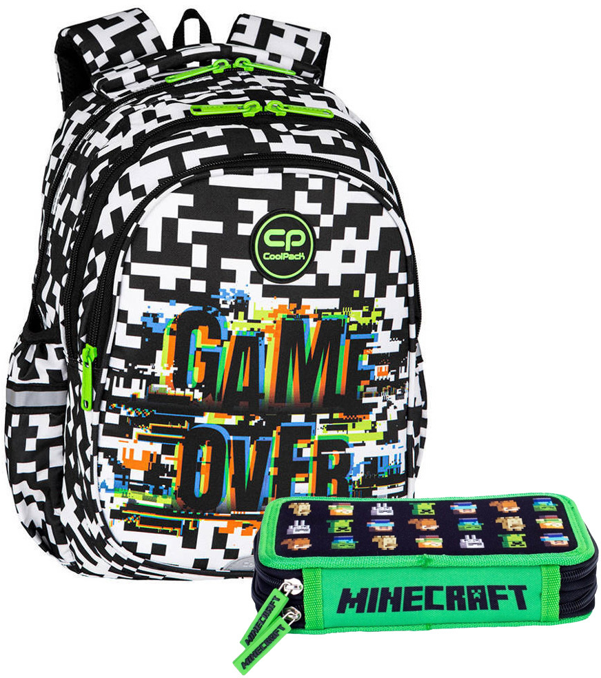Zestaw: Plecak szkolny CoolPack Jerry Game Over, trzykomorowy, 21l + Piórnik 2-komorowy Astra Minecraft, bez wyposażenia, 20x13.5x4cm, czarno-zielony