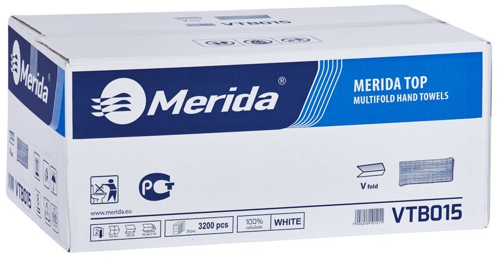 Ręcznik papierowy Merida, dwuwarstwowy, w składce V, 20x160 składek, biały