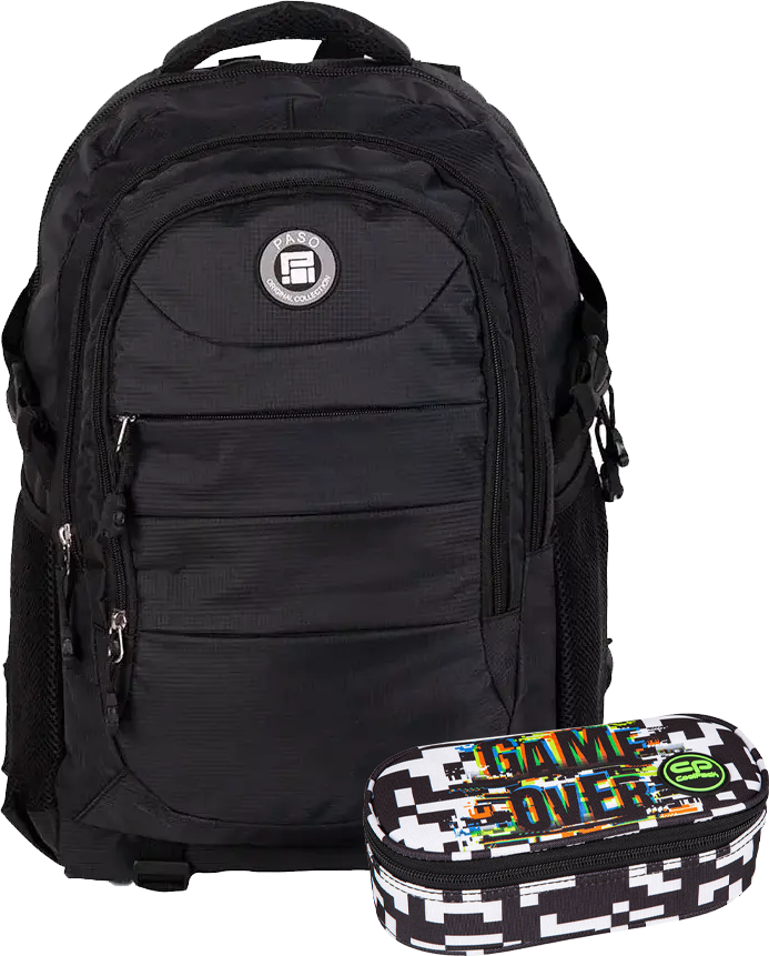 Zestaw: Plecak młodzieżowy Paso Active 50x33x22, czarny + Piórnik saszetka CoolPack Campus Game Over, bez wyposażenia
