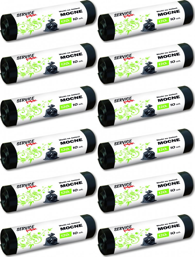 12x Worki na śmieci Service Pack, mocne, na odpady zmieszane, 120l, 10 sztuk, czarny