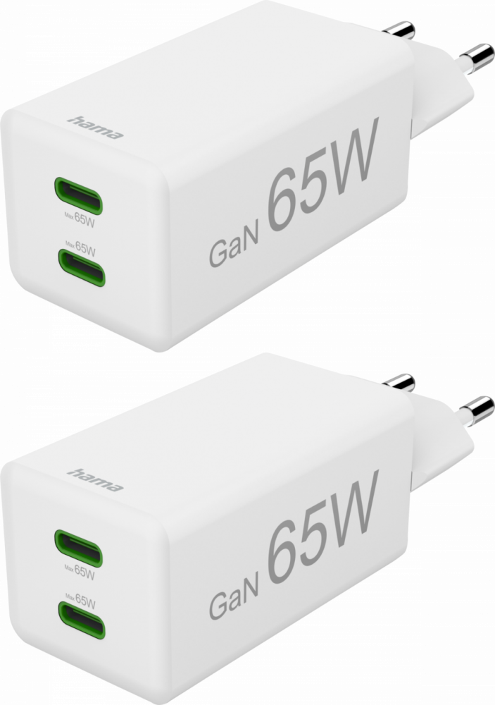 2x Ładowarka do telefonu Hama Mini, Power Delivery Quick Charge, GaN, 2xUSB-C, 65W, biały