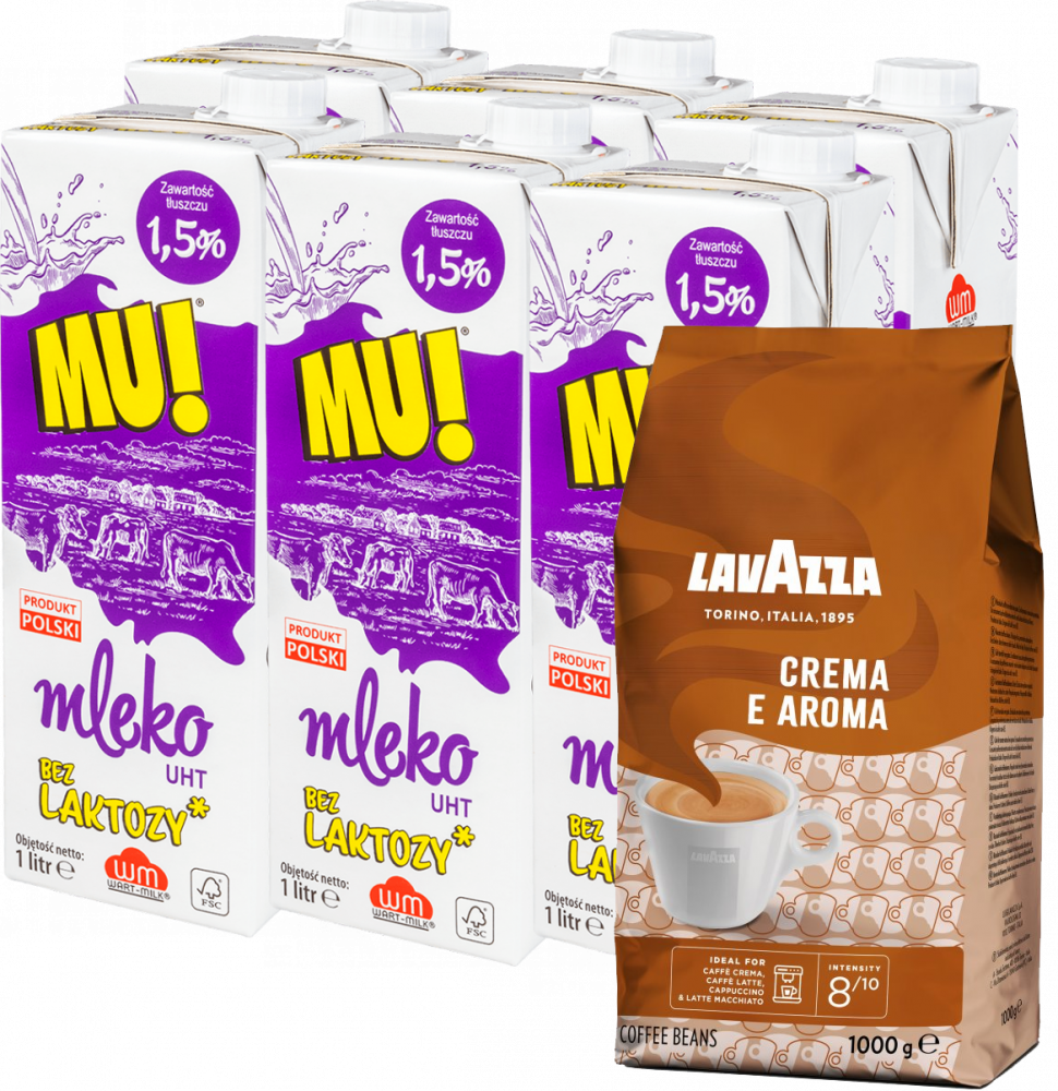 Zestaw: Kawa ziarnista Lavazza Crema e Aroma, 1kg + 6x Mleko UHT Wart-Milk MU!, bez laktozy, 1.5%, 1l