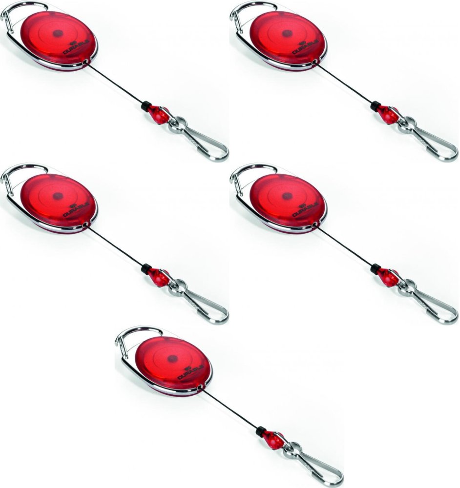 5x Mechanizm ściągający Durable Jojo Style, metalowe zapięcie - karabińczyk, linka 80cm, czerwony