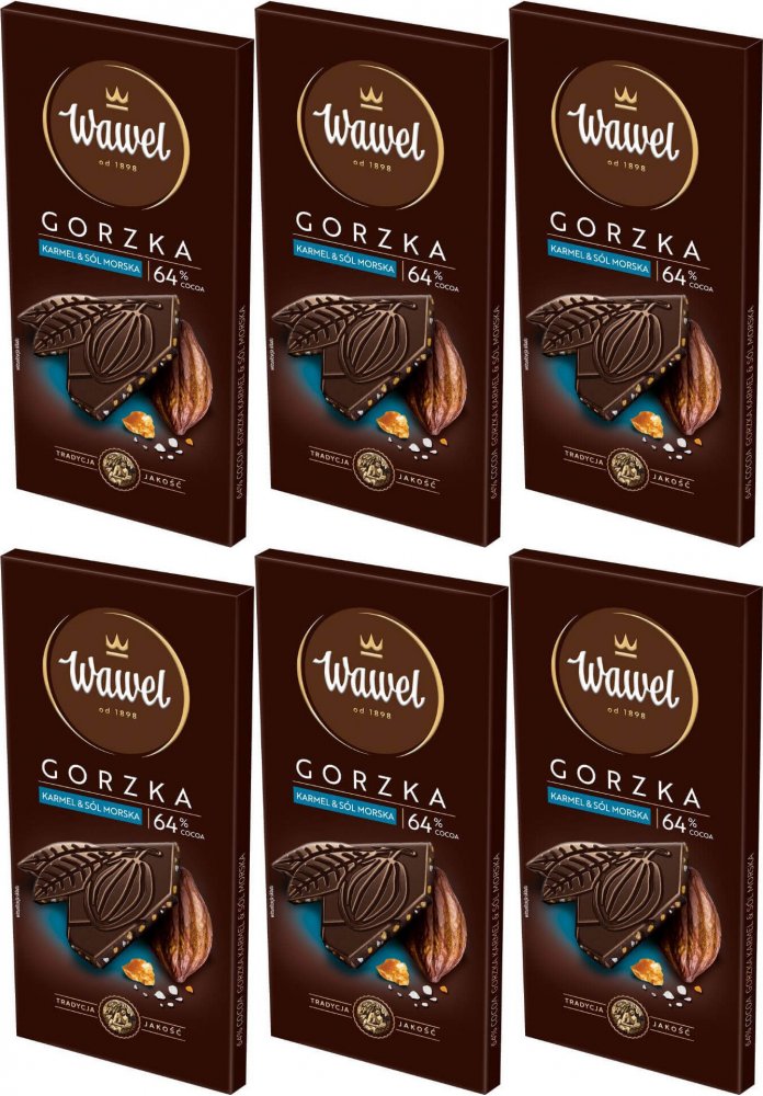 6x Gorzka czekolada Wawel Premium 64%, karmel i sól morska, 90g