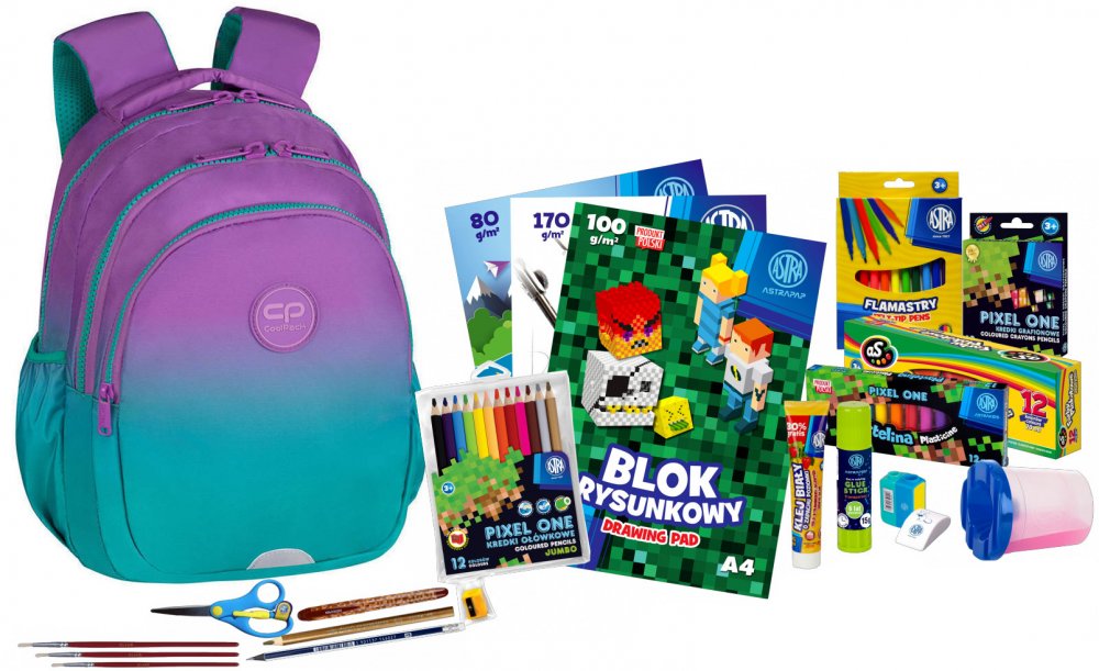 Zestaw: Plecak szkolny CoolPack Jerry Gradient Blueberry, trzykomorowy, 21l + Wyprawka szkolna Astra 21 elementów