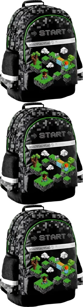 3x Plecak szkolny Paso Game, dwukomorowy, 41x28x18cm, czarno-zielony