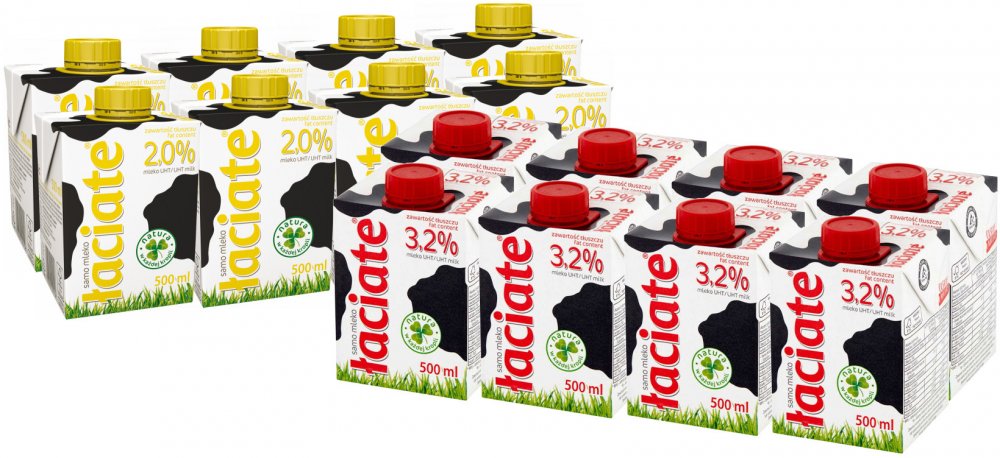 Zestaw: 8x Mleko UHT Łaciate, 2%, 0.5l + 8x Mleko UHT Łaciate, 3.2%, 0.5l