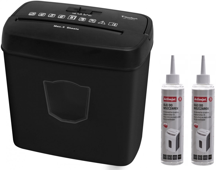 Zestaw Niszczarka VeroTech VS-1005CC, ścinek 4x35mm, 5 kartek, P-4/T-4/E-3/F-1 DIN, czarny + 2x Olej do niszczarek Activejet ASO-250, 250ml