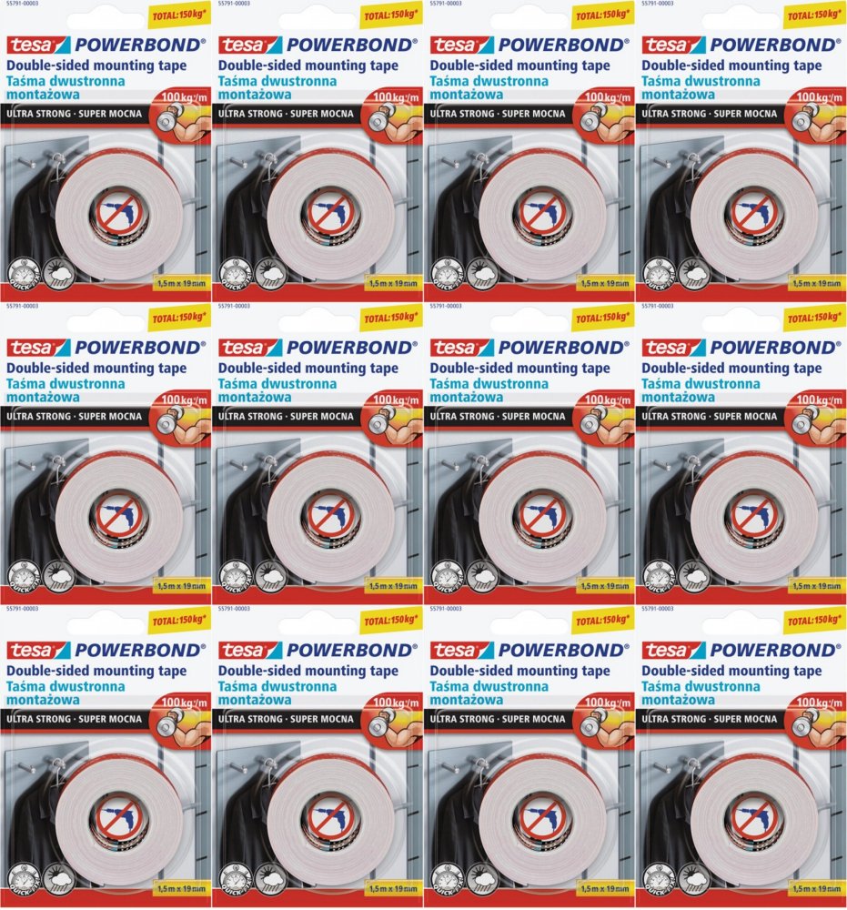 12x Taśma dwustronna tesa, Powerbond Ultra Strong, 19mm x 1.5m, biały