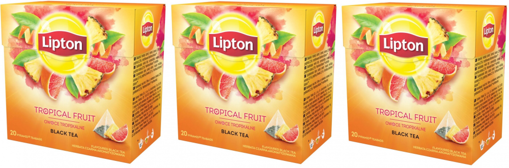3x herbata czarna aromatyzowana w piramidkach Lipton, owoce tropikalne, 20 sztuk x 1.2g