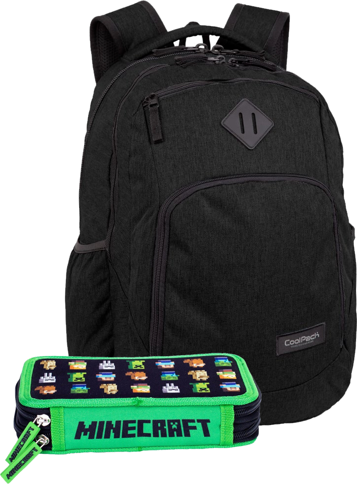 Zestaw: Plecak szkolny CoolPack Break Snow Black, dwukomorowy, 29l + Piórnik 2-komorowy Astra Minecraft, bez wyposażenia, 20x13.5x4cm, czarno-zielony