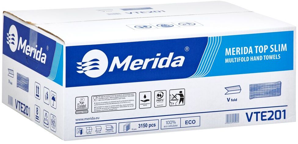 Ręcznik papierowy Merida Top Slim, dwuwarstwowy, w składce V, 18x175 składek, biały