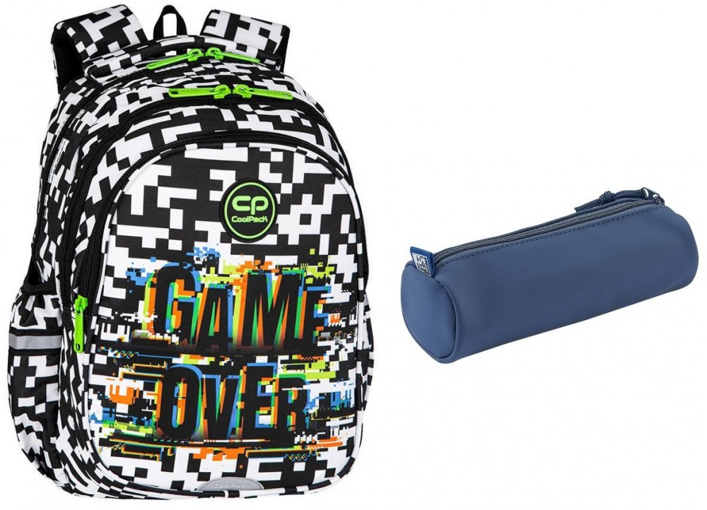 Zestaw Plecak szkolny CoolPack Jerry Game Over + Piórnik tuba Oxford School, bez wyposażenia, 22x7.5cm, poliuretan, jeansowy