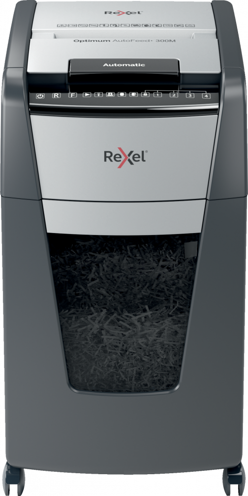 Niszczarka do papieru automatyczna Rexel Optimum AutoFeed+ 300M, mikrościnek 2x15 mm, 300 kartek, P-5 DIN, czarno-srebrny