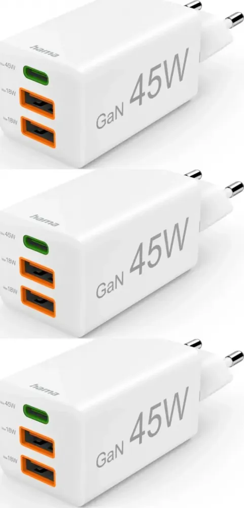 3x Ładowarka do telefonu Hama Mini, Power Delivery Quick Charge, GaN, USB-C/2 x USB-A, 45W, biały