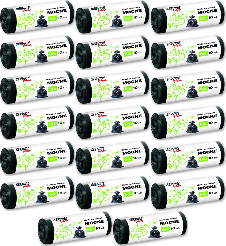 20x Worki na śmieci Service Pack, mocne, na odpady zmieszane, 60l, 10 sztuk, czarny