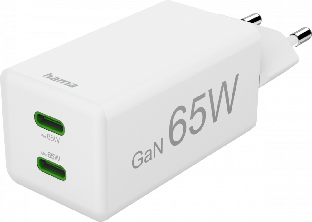 Ładowarka do telefonu Hama Mini, Power Delivery Quick Charge, GaN, 2xUSB-C, 65W, biały
