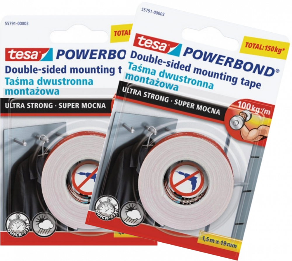2x Taśma dwustronna tesa, Powerbond Ultra Strong, 19mm x 1.5m, biały