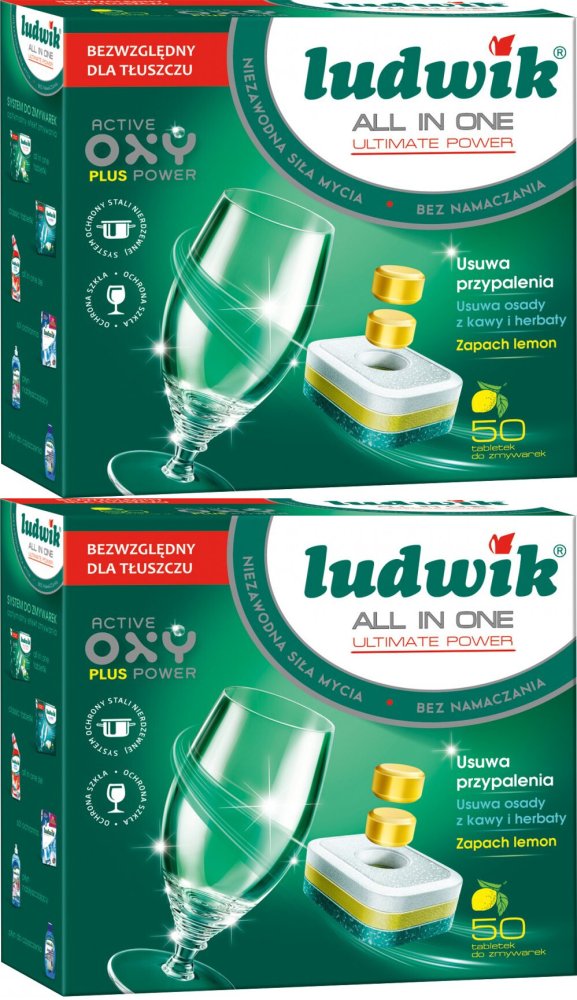 2x Tabletki do zmywarek Ludwik All in One P-Free, cytrynowy, 900g, 50 sztuk