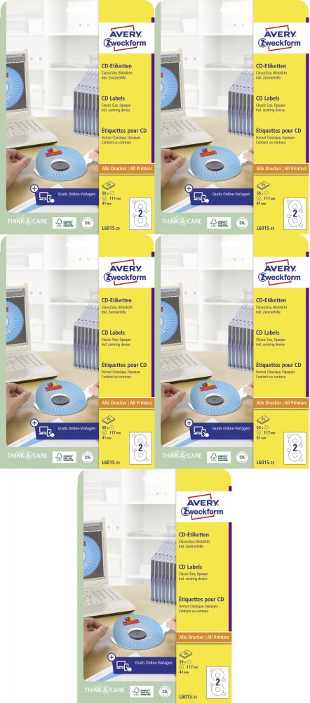 5x Etykiety na płyty CD/DVD Avery Zweckform, z kółkiem centrującym, 117mm, 25 arkuszy, biały