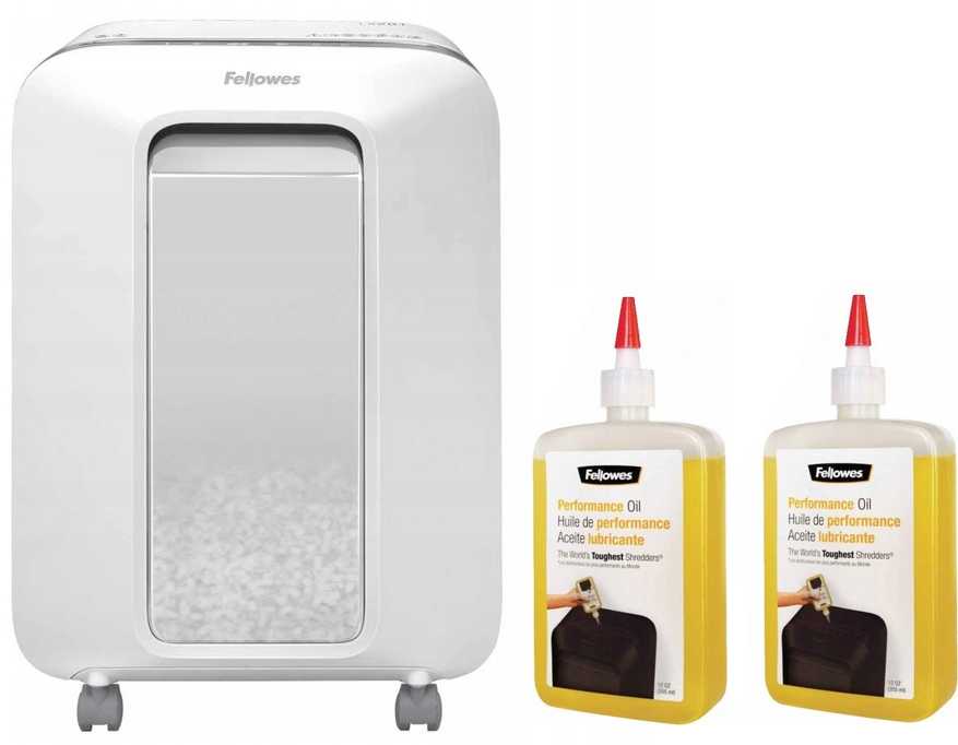 Zestaw Niszczarka Fellowes LX201, mikrościnek 2x12mm, 12 kartek, P-5/T-5 DIN, biały + 2x Olej do niszczarek Fellowes, 355ml