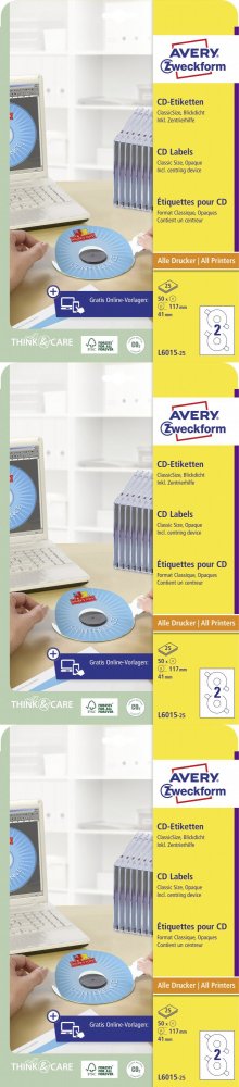3x Etykiety na płyty CD/DVD Avery Zweckform, z kółkiem centrującym, 117mm, 25 arkuszy, biały