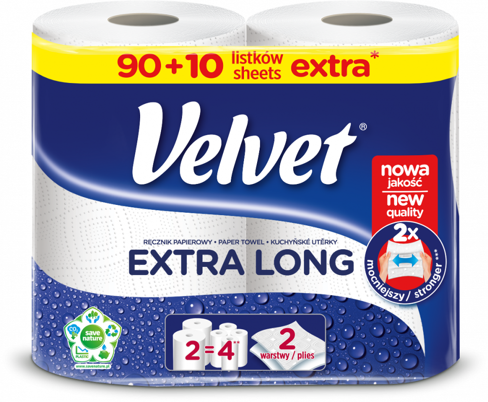 Ręcznik papierowy Velvet Extra Long, 2-warstwowy, 2x19.8m, w roli, 2 rolki, biały