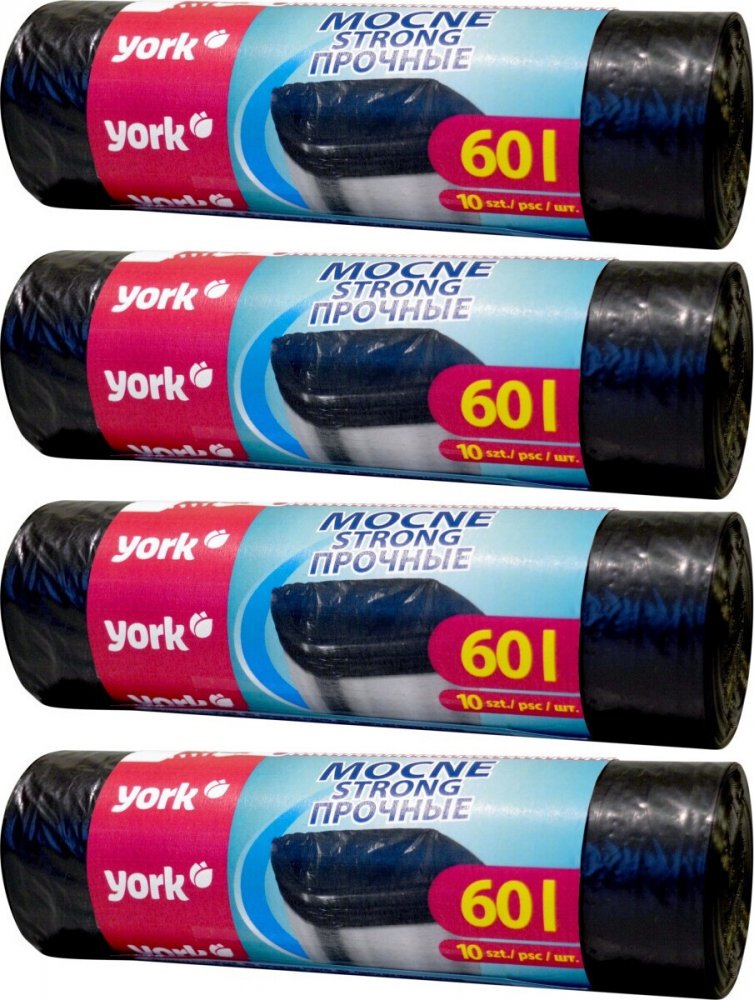 4x Worki na śmieci York Mocne, na odpady zmieszane, 60l, 10 sztuk, czarny