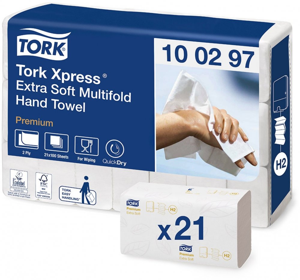 Ręcznik papierowy Ekstra Soft Premium Tork 100297, dwuwarstwowy, w składce wielopanelowej, 21x100 składek, biały