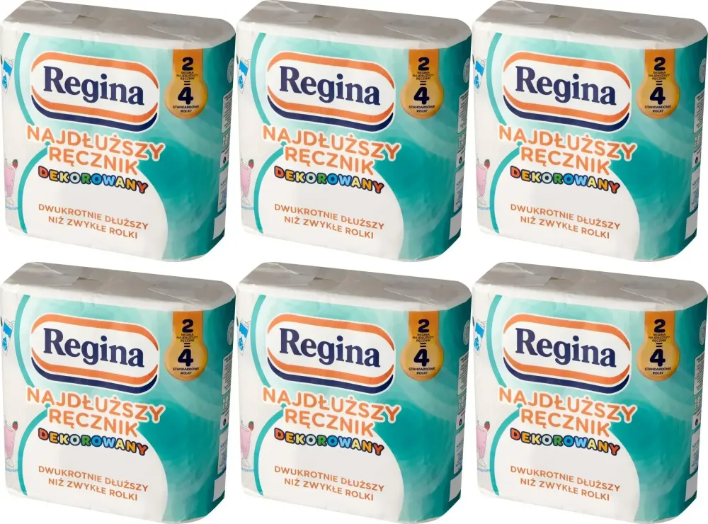6x Ręcznik papierowy Regina Najdłuższy Ręcznik dekorowany, 2-warstwowy, w roli, 2 rolki, biały