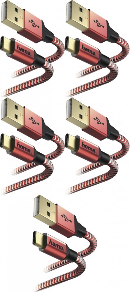 5x Kabel ładujący Hama Reflected USB Type-C - USB-A, 1.5m, czerwony