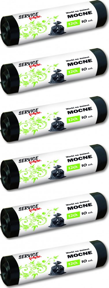 6x Worki na śmieci Service Pack, mocne, na odpady zmieszane, 120l, 10 sztuk, czarny