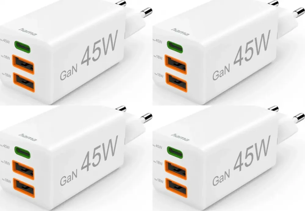 4x Ładowarka do telefonu Hama Mini, Power Delivery Quick Charge, GaN, USB-C/2 x USB-A, 45W, biały