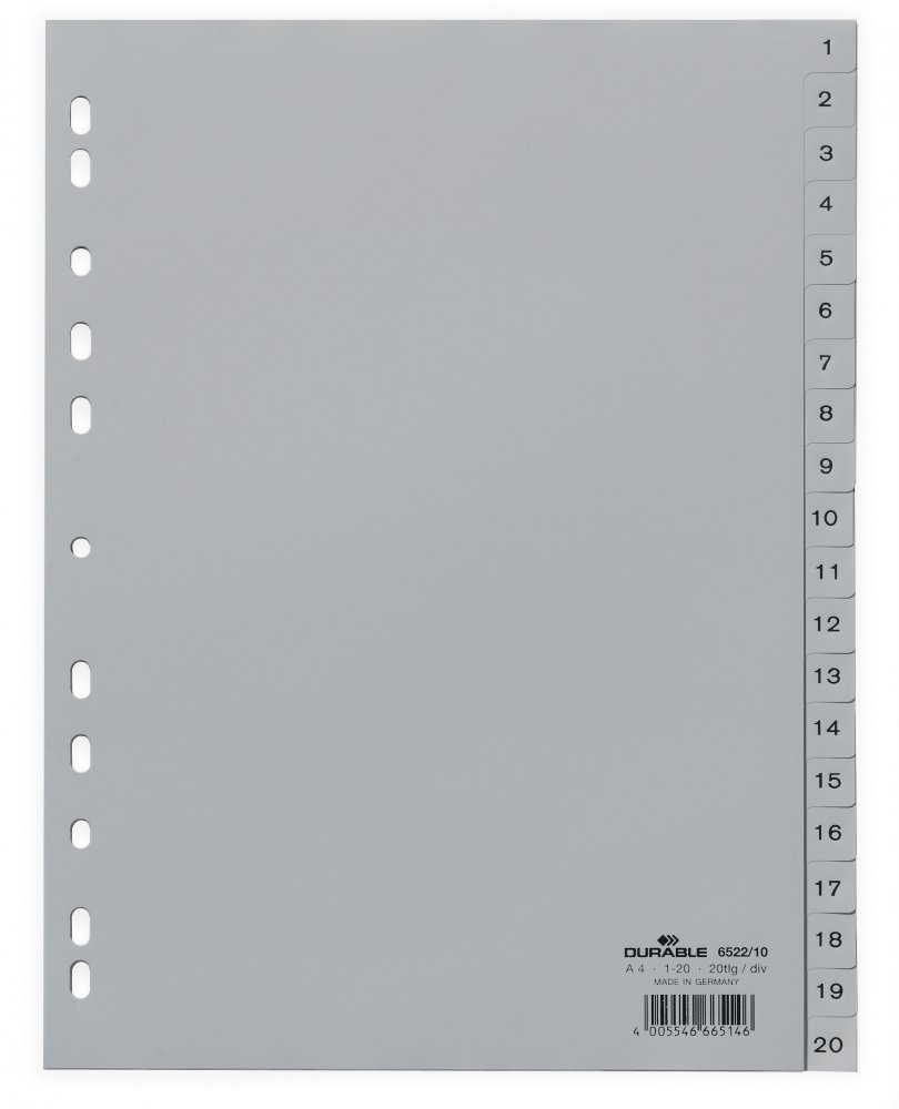 Przekładki do segregatora Durable, plastikowe, numeryczne, A4, 1-20 kart, szary