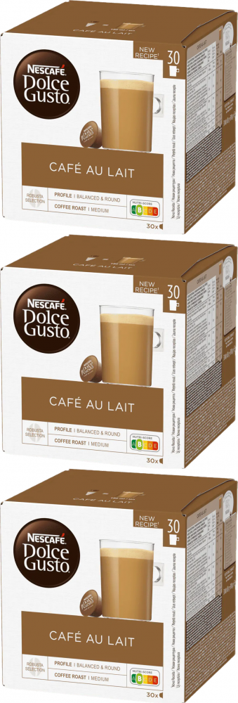 3x Kapsułki do ekspresu Nescafe Dolce Gusto Cafe au Lait, 30 sztuk