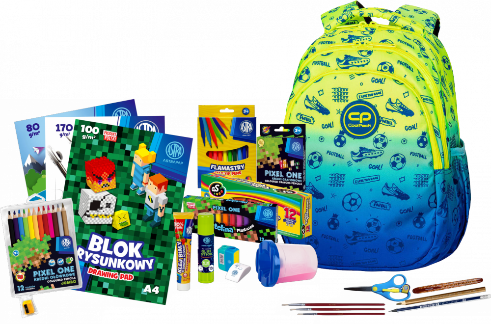 Zestaw: Plecak szkolny CoolPack Jerry Football 2T, trzykomorowy, 21l + Wyprawka szkolna Astra 21 elementów