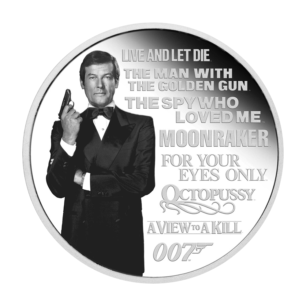 Srebrna moneta JAMES BOND Roger Moore 1 uncja VAT 23% - wysyłka 24 h!