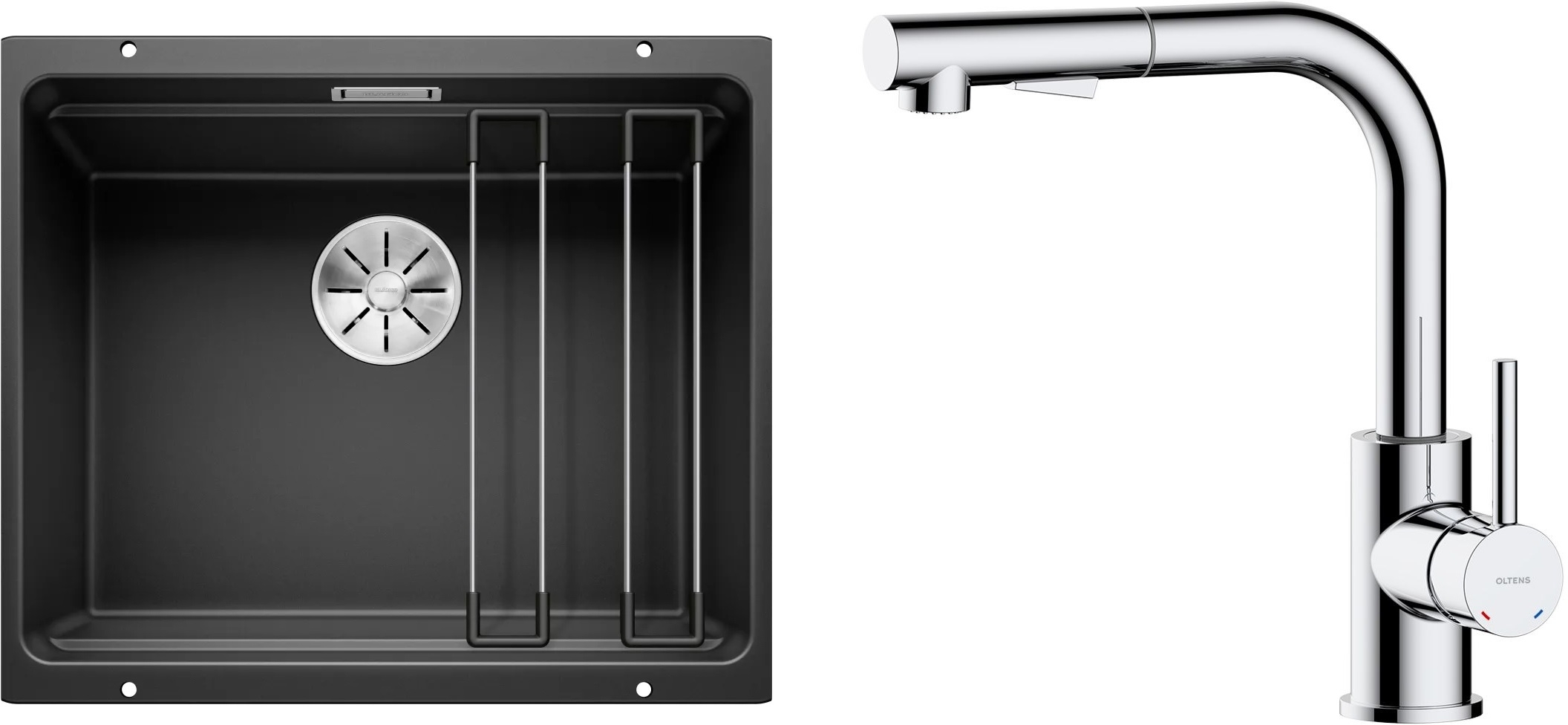 Zestaw Blanco Etagon 500-U zlewozmywak granitowy 53x46 cm z baterią kuchenną Oltens Myvat czarny mat/chrom (35205100, 525887) - Wysyłka w 24h