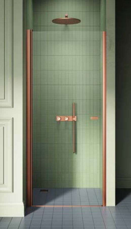 New Trendy New Soleo Copper Brushed drzwi prysznicowe 90 cm wnękowe miedź szczotkowana/szkło przezroczyste D-0491A