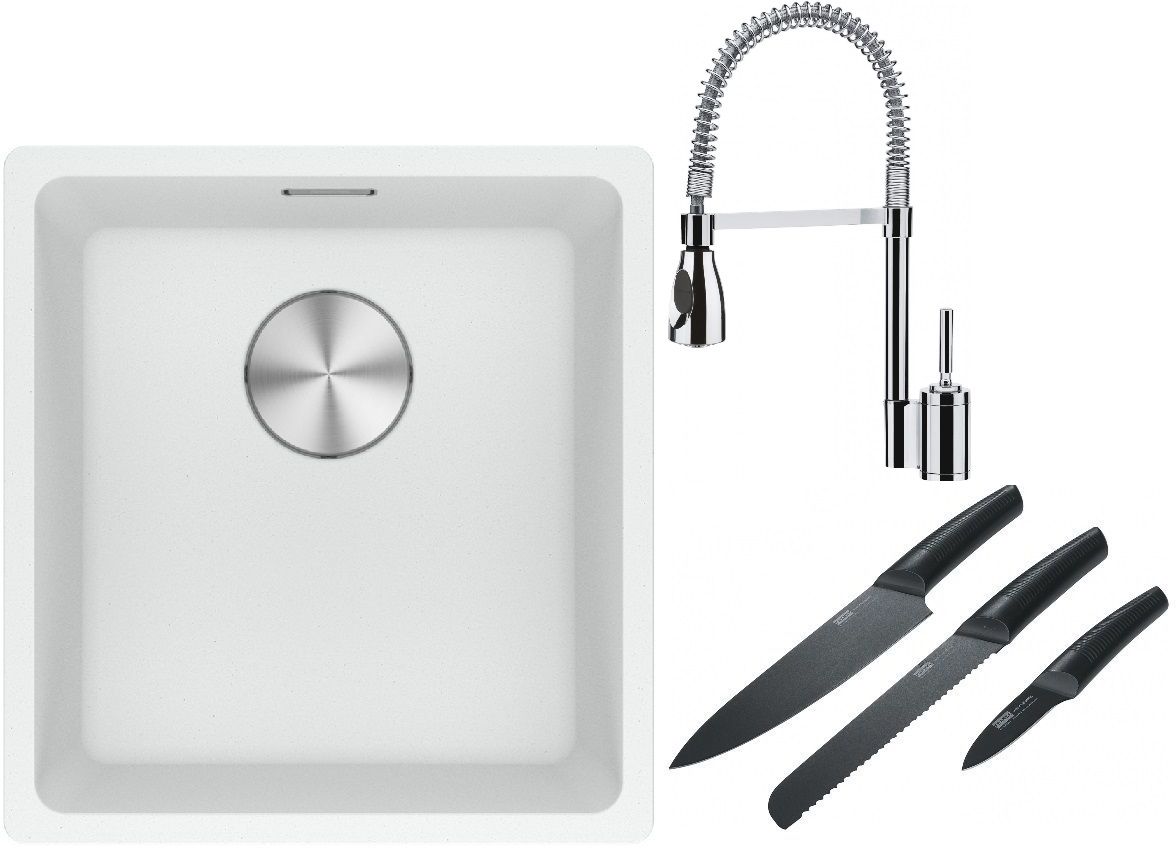 Franke Maris MRG 110-37 zlewozmywak 40x37 cm Fragranite biały polarny z baterią kuchenną Sentinel chrom i zestawem noży kuchennych ... - Wysyłka w 24h