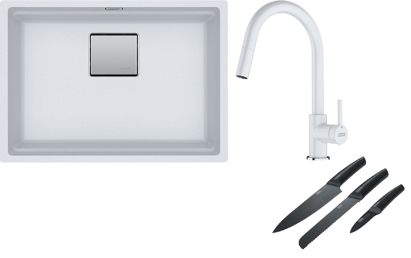 Franke Kanon KNG 110-52 zlewozmywak 52x42 cm Fragranite biały polarny z baterią kuchenną Lina Pull-Out biały polarny i zestawem noży ... - Wysyłka w 