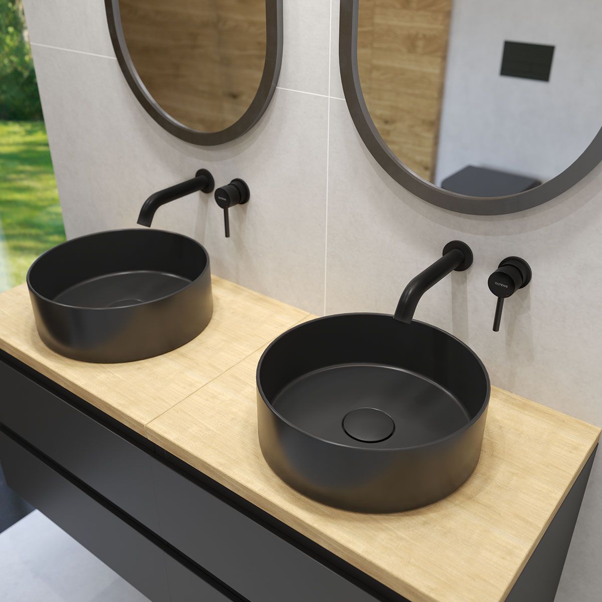 Oltens Lagde umywalka 35,5 cm nablatowa okrągła z powłoką SmartClean czarny mat 40804300 - Wysyłka w 24h