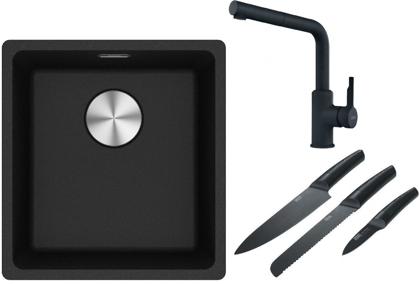 Franke Maris MRG 110-37 zlewozmywak 40x37 cm Fragranite onyx z baterią kuchenną Urban czarny mat i zestawem noży kuchennych (1250687249, ...