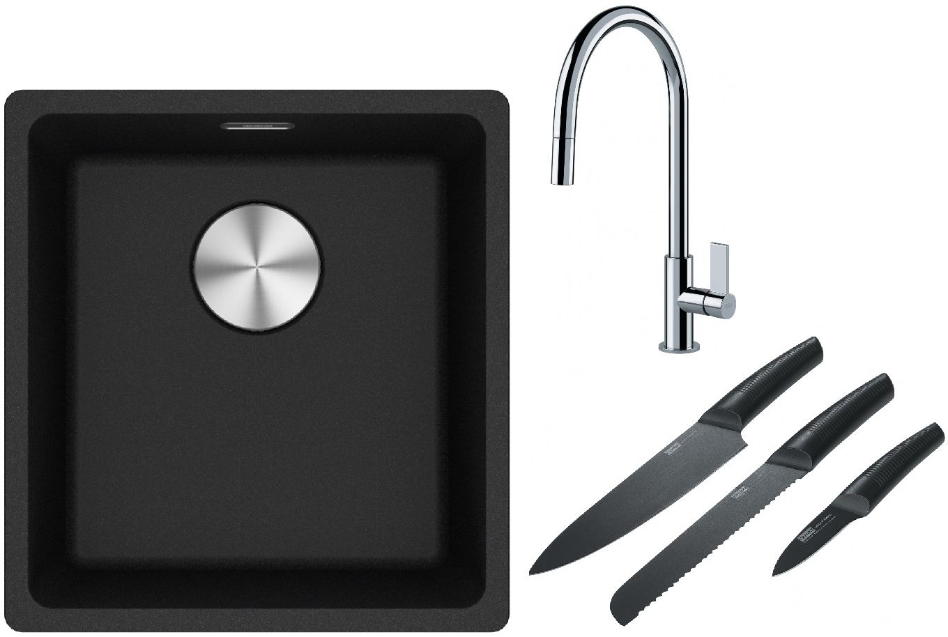 Franke Maris MRG 110-37 zlewozmywak 40x37 cm Fragranite onyx z baterią kuchenną Ambient chrom i zestawem noży kuchennych (1250687249, ...