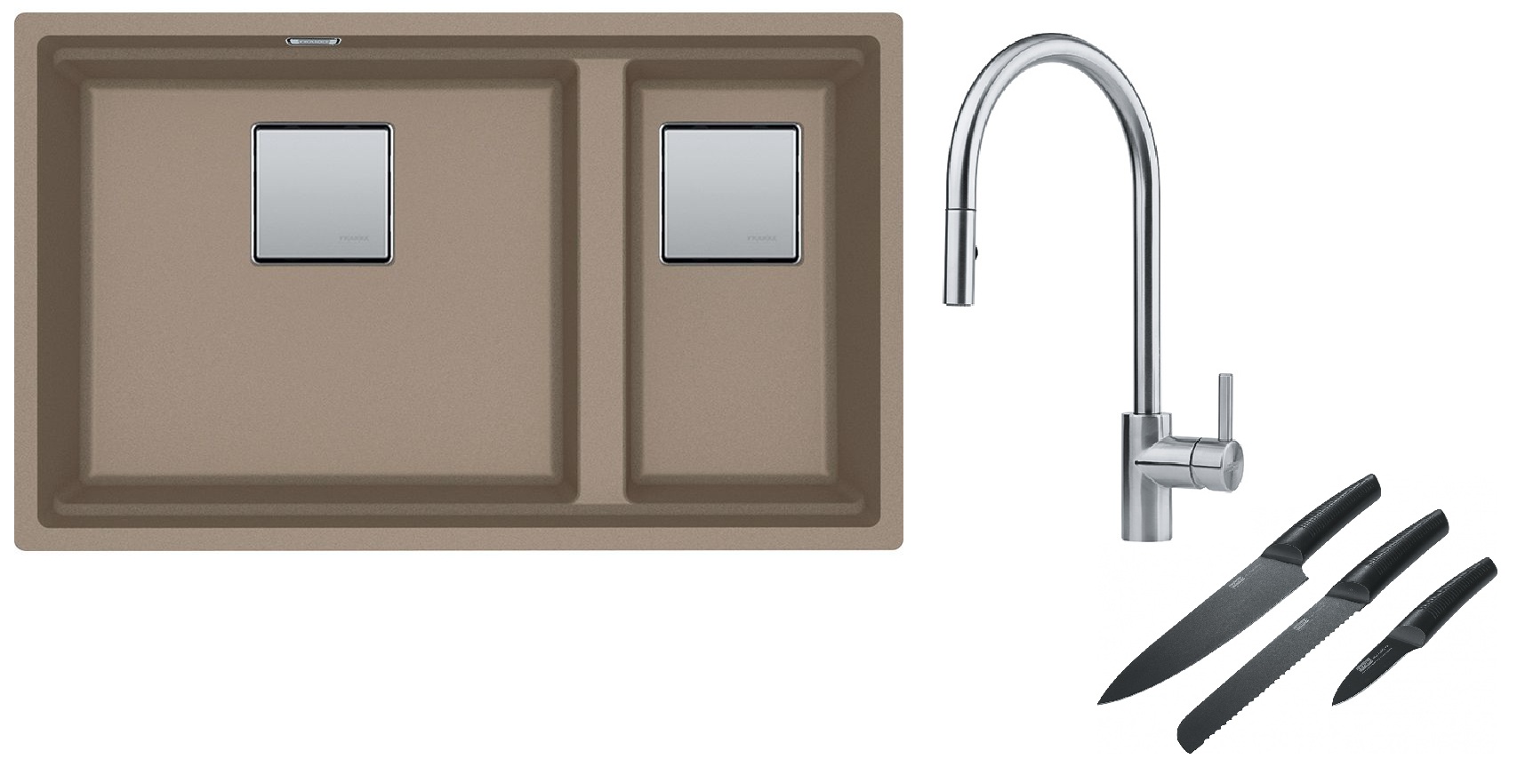 Franke Kanon KNG 120 zlewozmywak 76x46 cm Fragranite cappuccino z baterią kuchenną Eos Neo stal szlachetna i zestawem noży kuchennych ... - Wysyłka w 