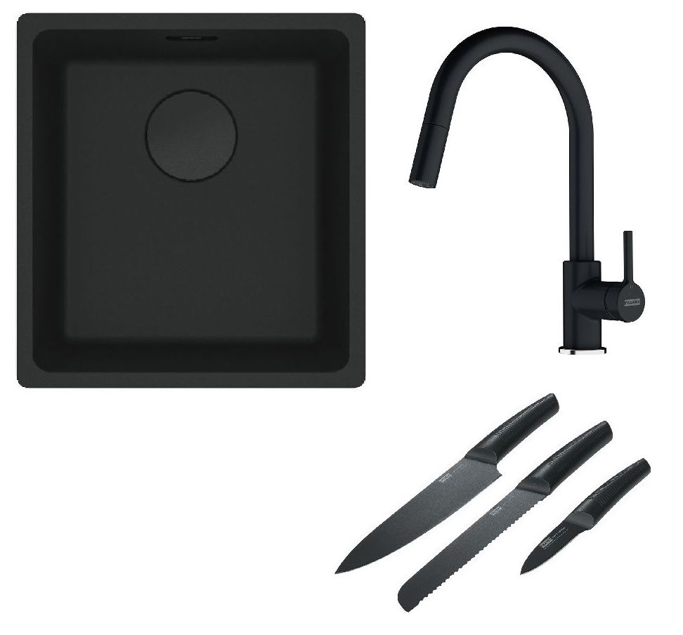 Franke Maris MRG 110-37 zlewozmywak 40x37 cm Fragranit + czarny mat z baterią kuchenną Lina onyx i zestawem noży kuchennych (1250697760, ... - Wysyłka